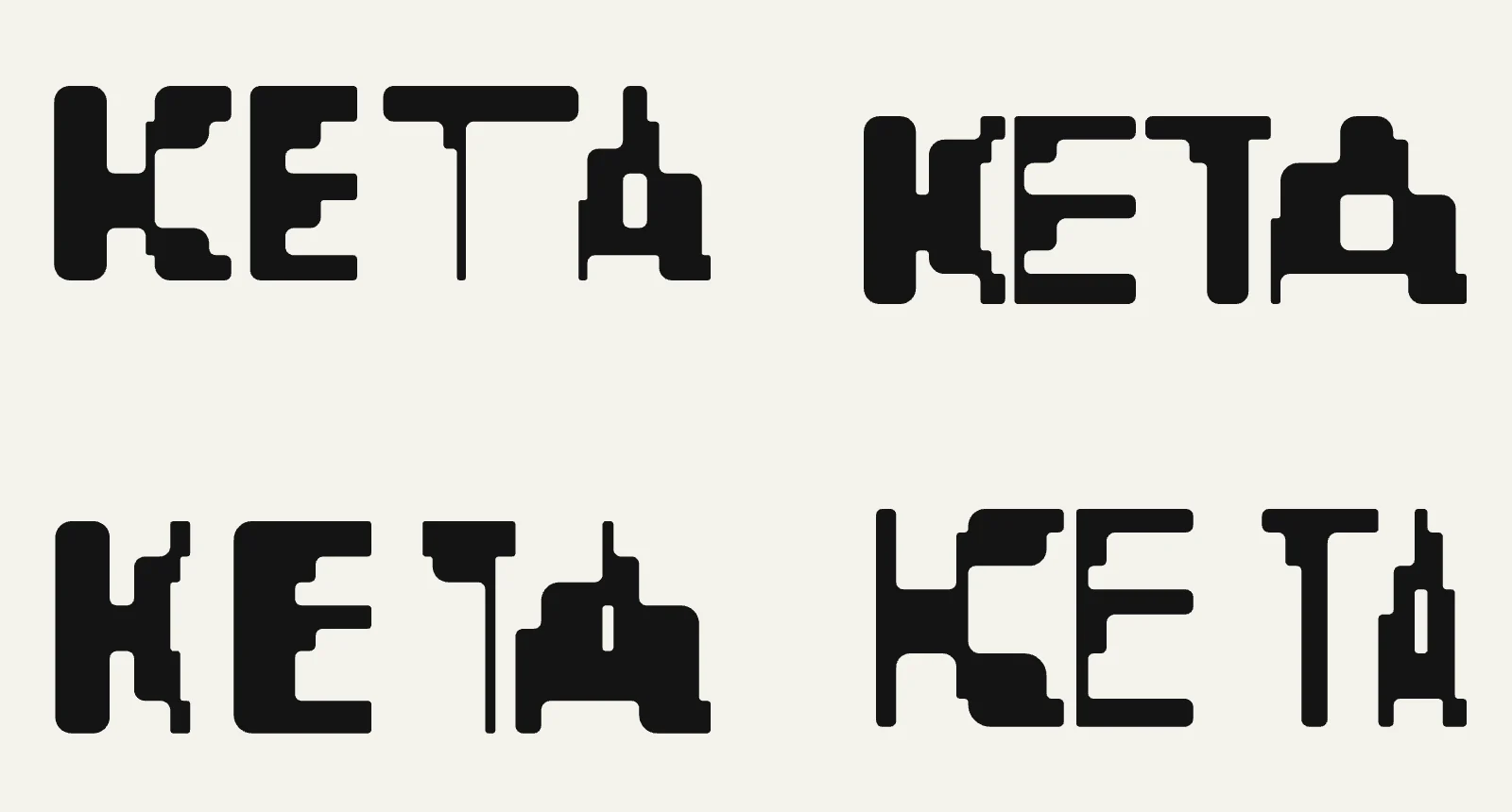 木下スタジオ（木下貴博 / 滋賀）制作：桁 KETA — 字を粗い升目の絵にしてから、列の幅と行の高さを1本ずつ動かす道具。塗るマスは変わらないのに字の形だけが変わり、細くした列は縞になる
