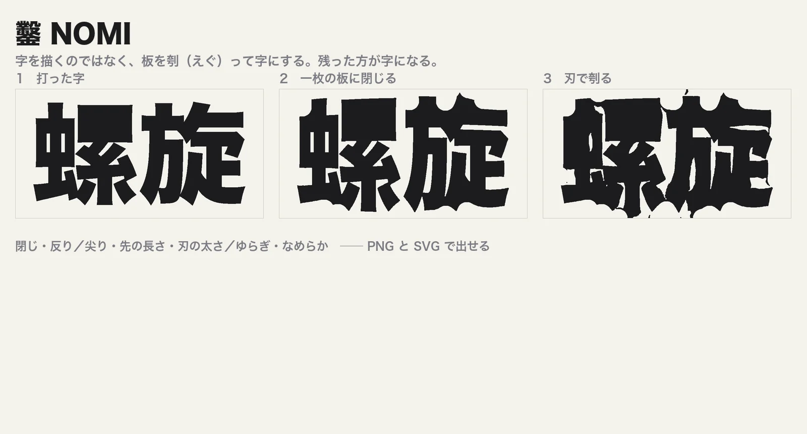 木下スタジオ（木下貴博 / 滋賀）制作：鑿 NOMI — 打った字をいったん一枚の板に閉じ、ふところと字間を先の尖った葉に差し替えて刳ると、残った方が字になるグラフィックの道具