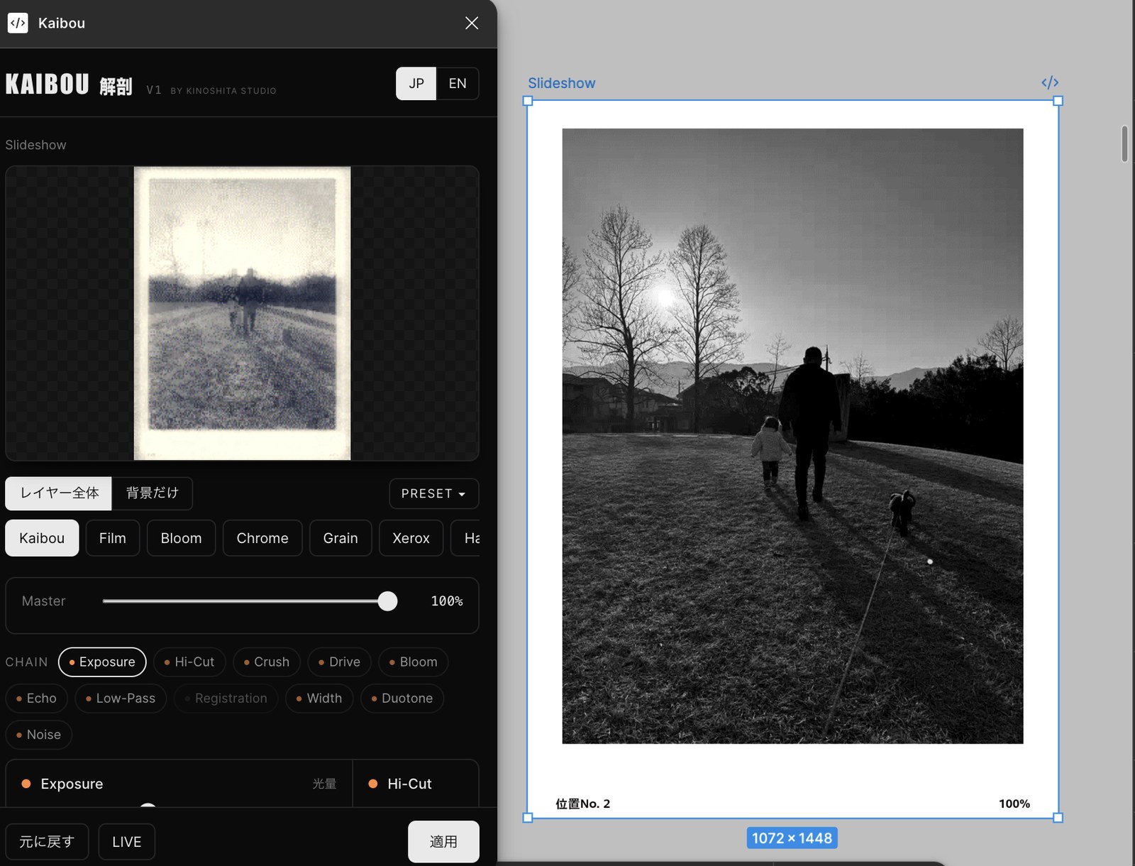 Kaibou（解剖）のプラグイン画面：写真に暗室的な質感（Exposure / Grain / Duotone ほか）を掛けたところ