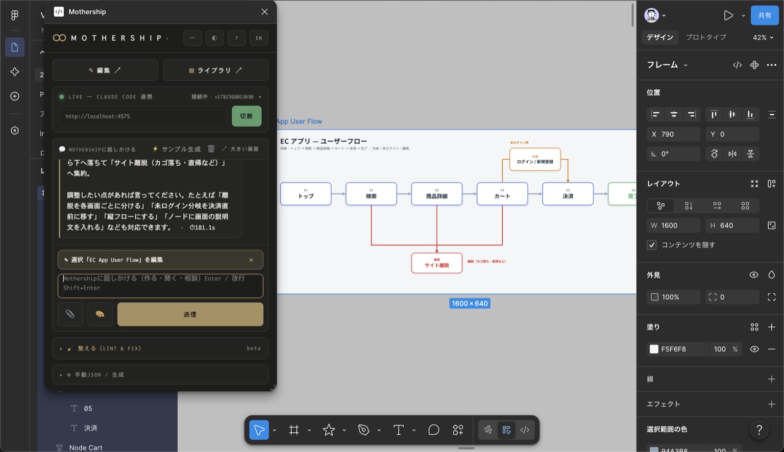 Mothership — ECアプリのユーザーフロー（ノード＋分岐・離脱の線）を生成した様子